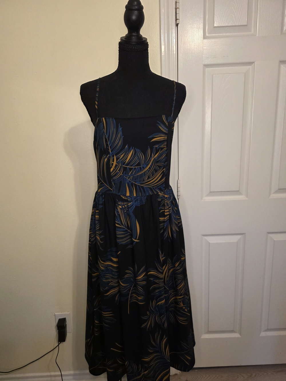 Goodthreads Black Midi Dress with Blue and Gold Leaf Print  - With Pockets!
